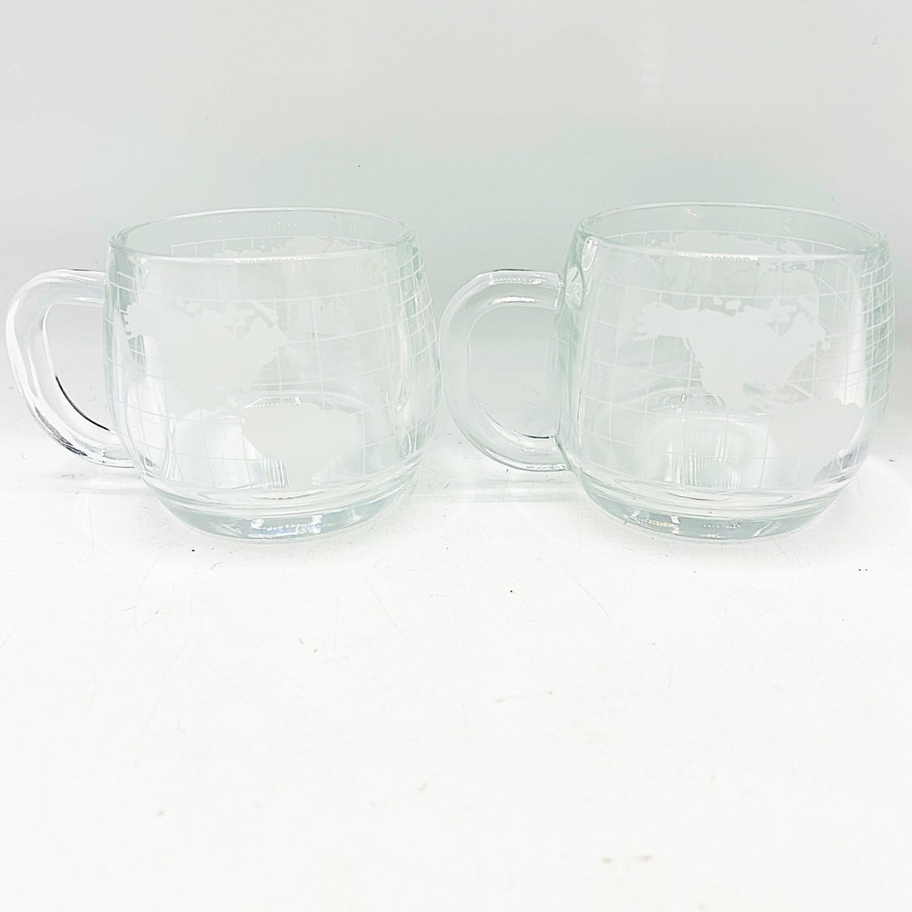 Nestle Glass‎ Mugs Set of 2 ClearEtched World Globe Map Vintage